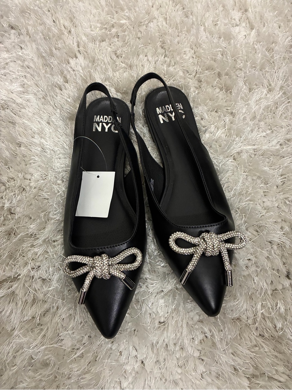Madden NYC Black Pointed Slingback Flats with Crystal Bow Accent